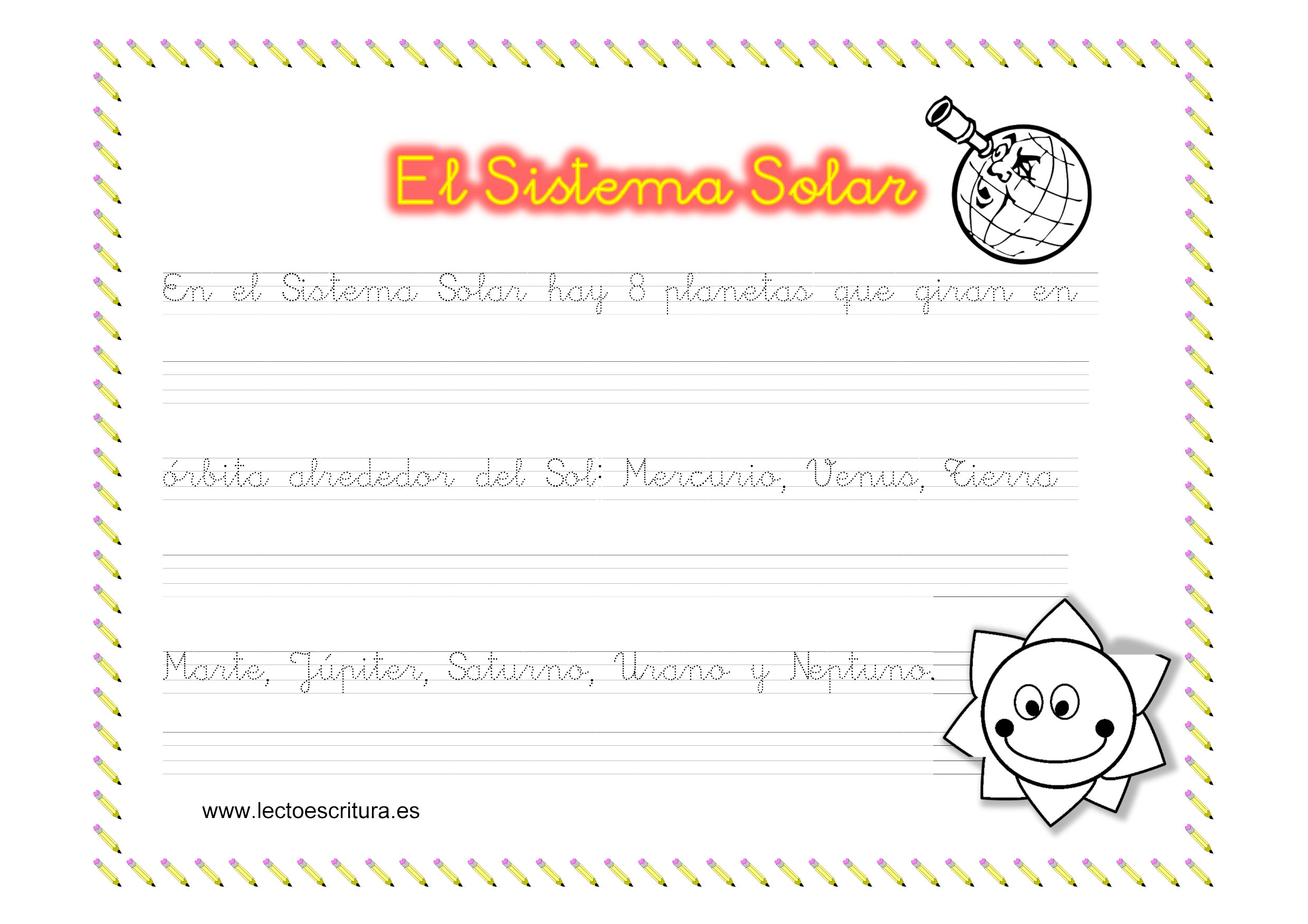 Ficha de caligrafía. El sistema Solar.