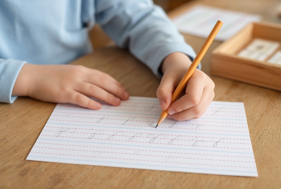 Manos de un niño escribiendo en pauta de líneas