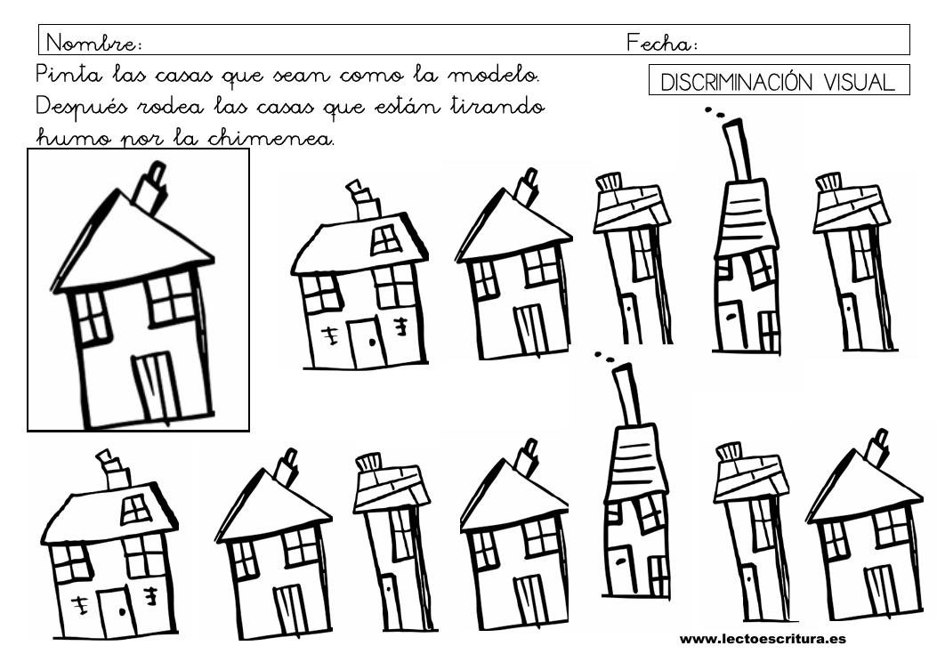 Ficha de discriminación visual 5: casas modelo y chimeneas con humo